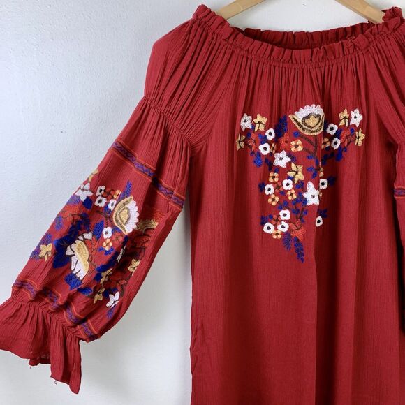 R Vivimos Floral Embroidered Off the Shoulder Boho  Dress Maroon Small Festival - Picture 3 of 7